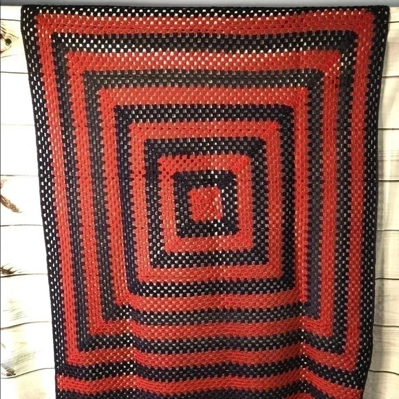 VTG Hand Crafted Crocheted Afghan Blanket Throw Blue Red  61” x 46” - Picture 1 of 5